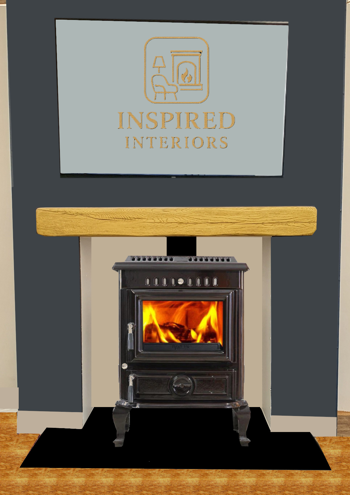 Enamel Black Boiler Stove fitted in an alcove.
